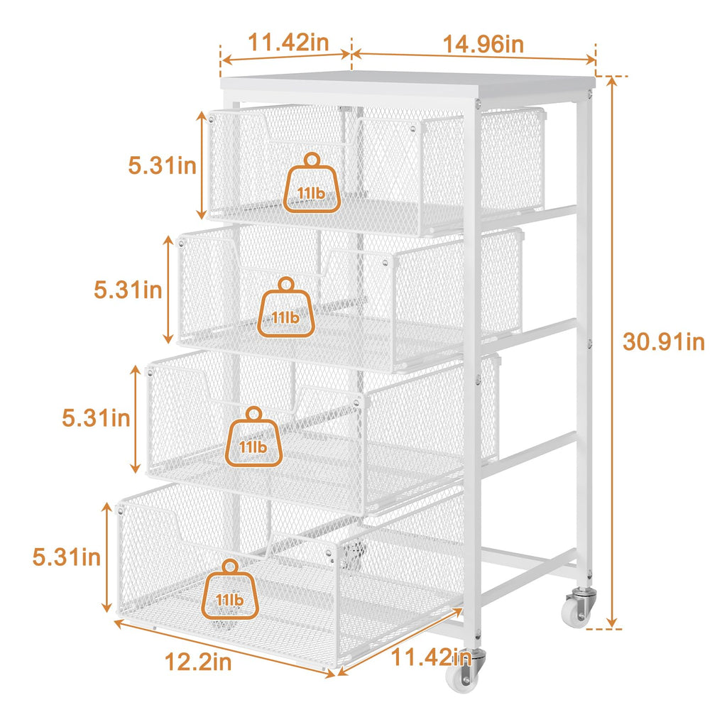 4-Tier Kitchen Storage Cart - Fruit Vegetable Storage Cart with Drawers, Wooden Top Metal Wire Kitchen Organizer and Storage Cart with Wheels to Storage Onions Potatoes Cans Snacks for Kitchen