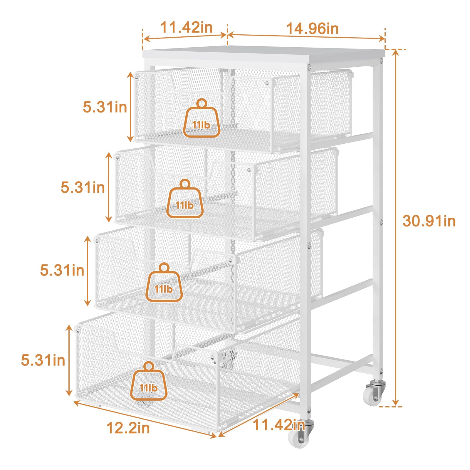 4-Tier Kitchen Storage Cart - Fruit Vegetable Storage Cart with Drawers, Wooden Top Metal Wire Kitchen Organizer and Storage Cart with Wheels to Storage Onions Potatoes Cans Snacks for Kitchen