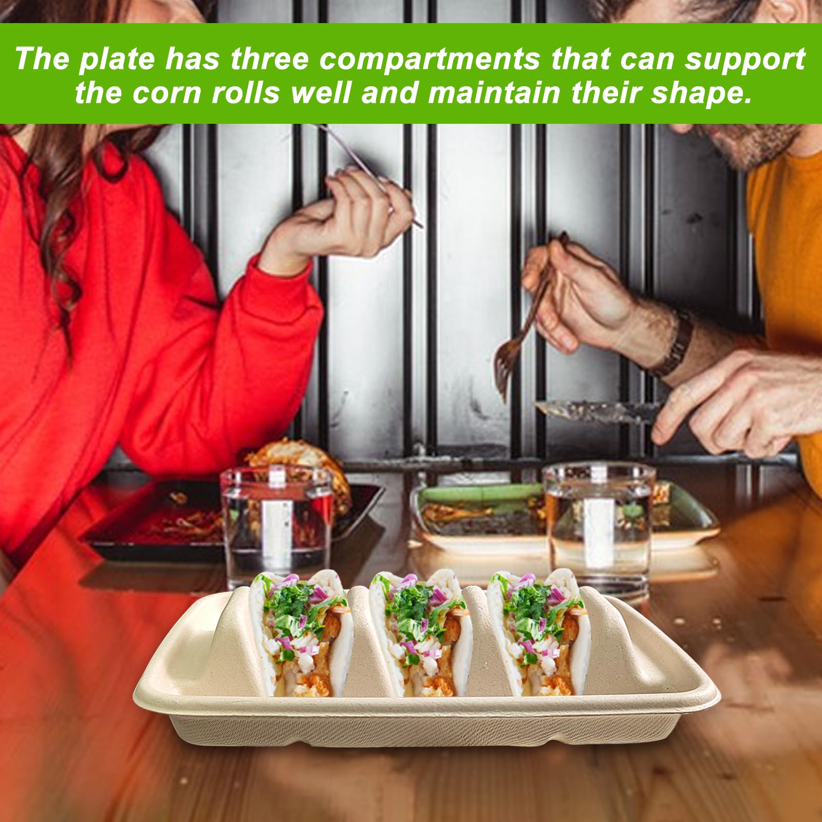 Sibosen 50PCS Disposable Taco Holder for Party，Disposable Taco Plates with 3 Dividers Disposable Taco Holders for Taco Tray Holder, Pulp Fiber Plates Disposable for Taco Tuesday Lazy Susan Taco Bar