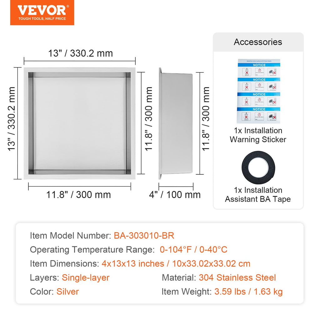VEVOR Shower Niche No Tile Needed, Stainless Steel Niche for Shower Wall, Sealed Waterproof Rust-Resistant Bathroom Niche for Storage, 13x13'' Single Shelf