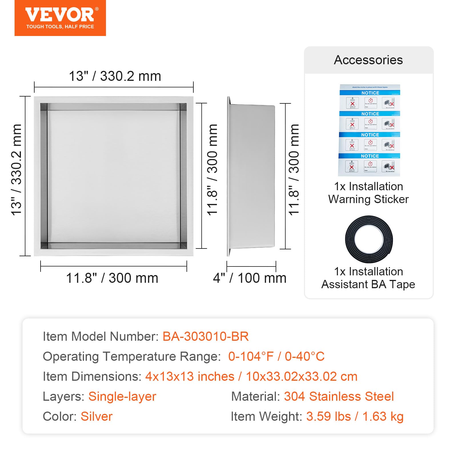 VEVOR Shower Niche No Tile Needed, Stainless Steel Niche for Shower Wall, Sealed Waterproof Rust-Resistant Bathroom Niche for Storage, 13x13'' Single Shelf