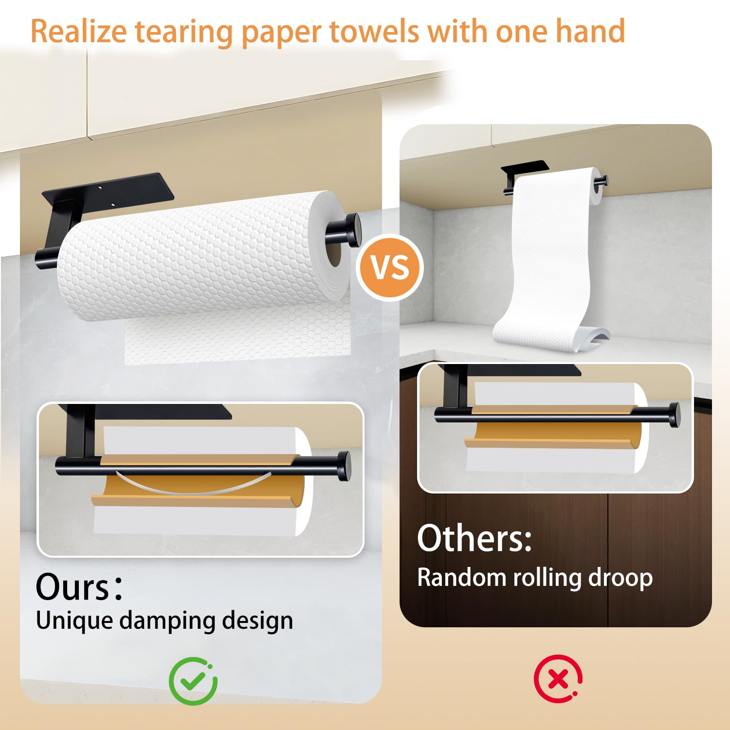 Paper Towel Holder Under Cabinet, Single Hand Operable Tearing Off Paper Towels with Damping Effect, Both Available in Adhesive and Screws, Stainless Steel (Black)