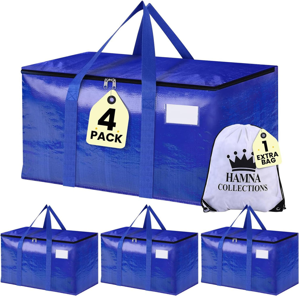 Skiennix Extra Large Moving Bags - Heavy Duty Clothes Storage Tote with Strong Zipper & Handles | 4 Pack