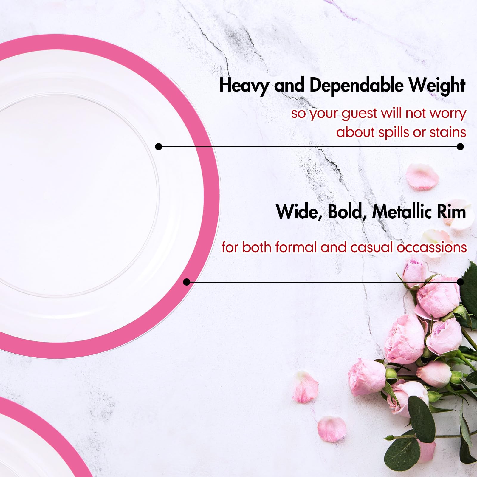 Wesiti 100 Pcs Clear Plastic Plates Disposable Dinnerware Set Includes 50 Dinner Plates 10.25 '', 50 Dessert Plates 7.5 '', Cake Salad Dessert Plates for Wedding Birthday Holiday Parties(Pink Rim)