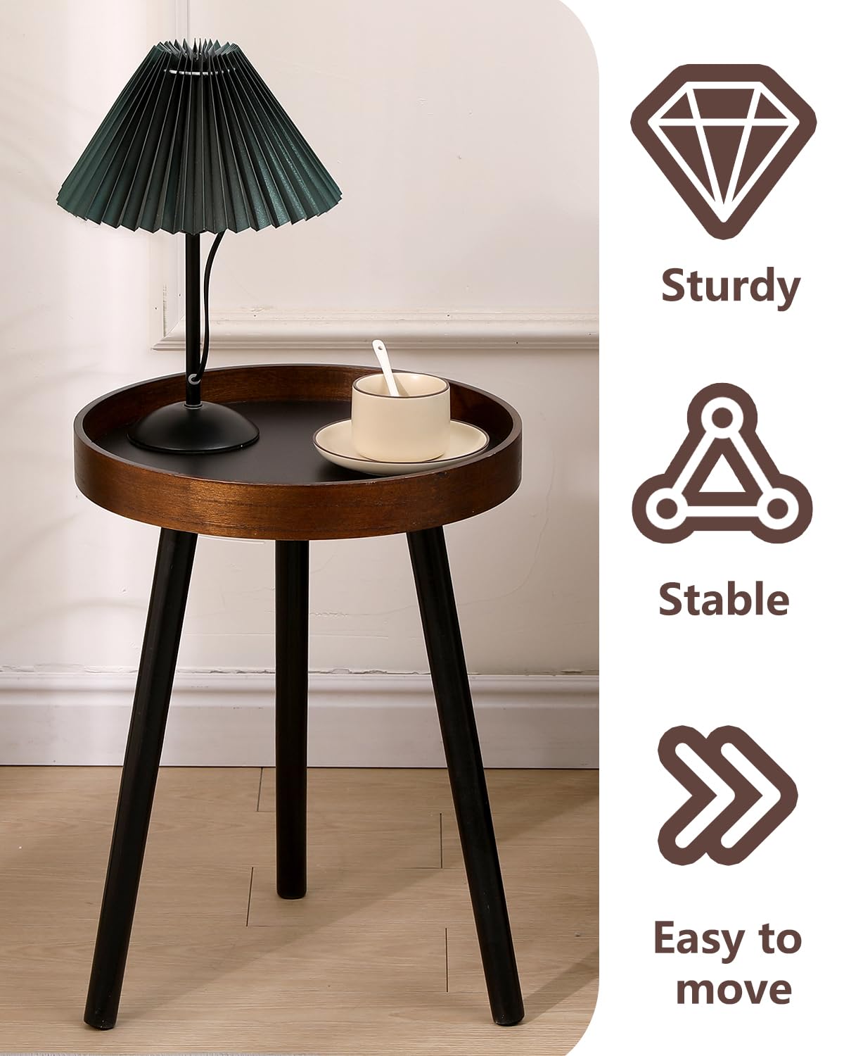 GTIWROTN Small Round Side Table, Solid Wood End Table with 3 Metal Legs, Modern Accent Table Circle Coffee Table for Living Room Bedroom Office and Small Spaces, 15.7 * 15.7 * 18 inch