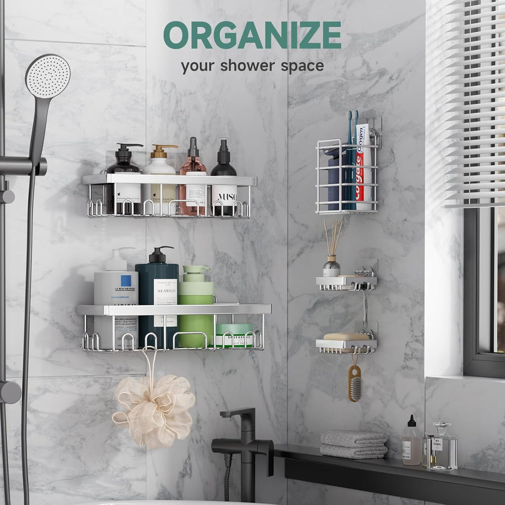 Veken Shower Caddy - Heavy-Duty Wall Mounted Organizer with Soap Dish & Toothbrush Holder | 5-Pack, Silver