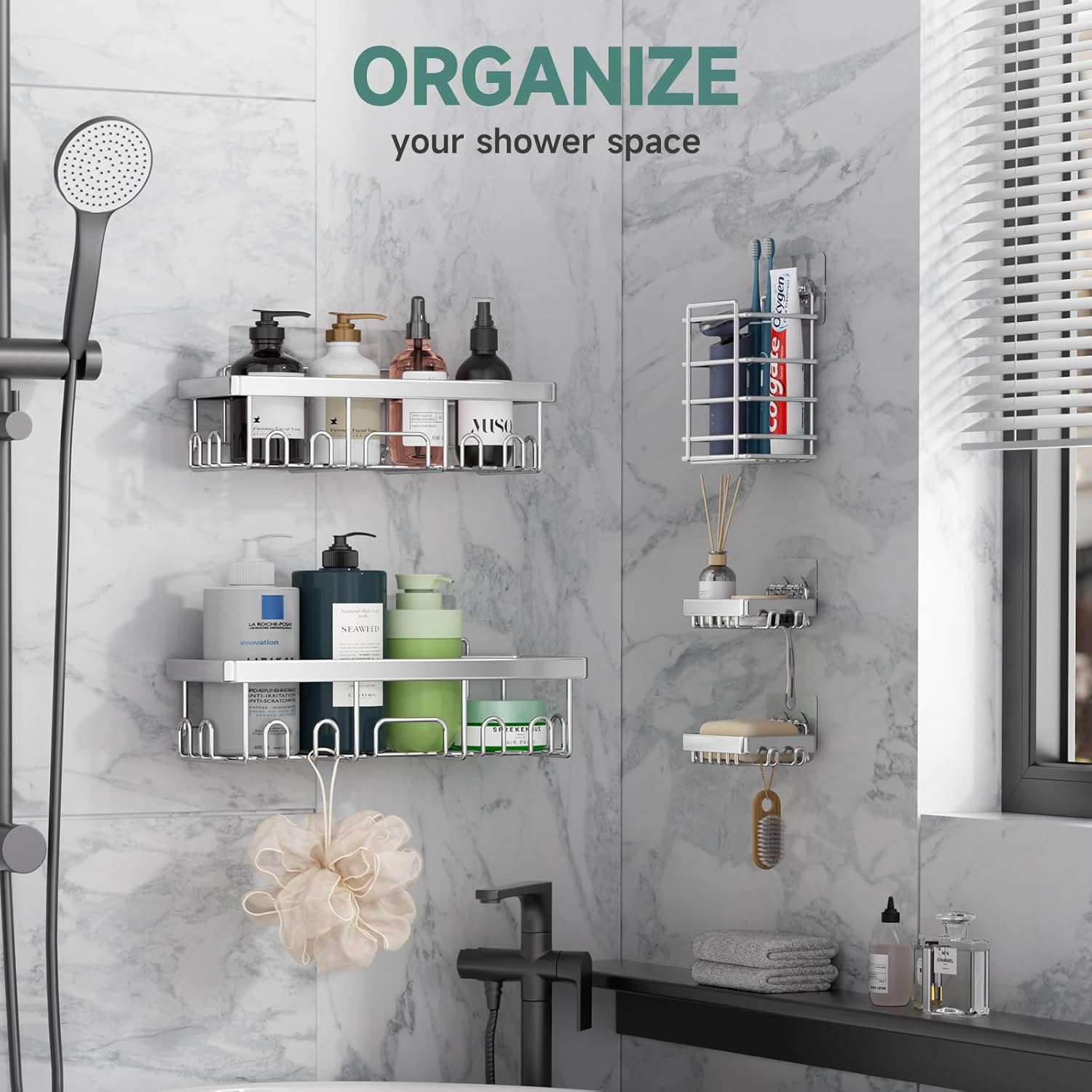 Veken Shower Caddy - Heavy-Duty Wall Mounted Organizer with Soap Dish & Toothbrush Holder | 5-Pack, Silver