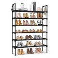 LANTEFUL 6 Tier Shoe Rack for Closet Shoe Organizer with 5 Hooks, Long Shoe Shelf Storage for Shoe and Boot Stackable Free Standing Shoe Rack for Entryway, Garage, Small Spaces, Dorm, Black