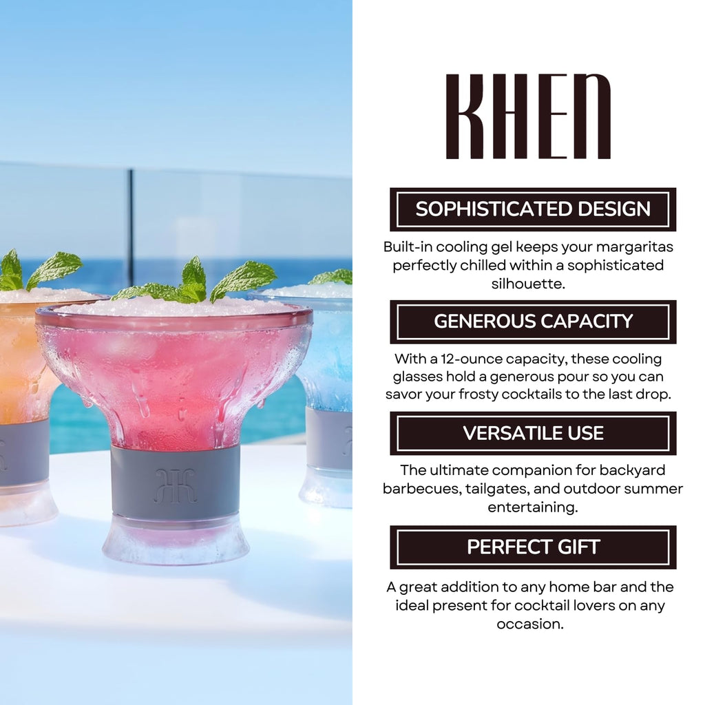 Khen Frozen Margarita & Cocktail Chiller Glasses | Set of 4 | Cooling Cups 12 OZ Unbreakable Tritan Acrylic, Double Wall Insulated to Keep Drink Cool, Freeze Gel Glass Cup, Silicone Holder