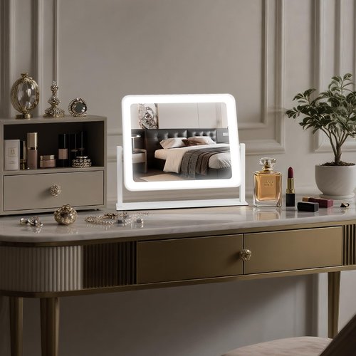 Bearolve Vanity Mirror with Lights, 14"×12" LED Makeup Mirror, HD Professional Mirror, Smart Touch with 3-Color Lighting, Dimmable, 360° Rotation, Lighted Up for Makeup Desk, Bedroom (White)