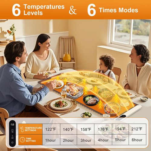 Warming Mat for Food Extra Large 35 Inch, Graphene Food Warming Mat,Heating Food Warmer 7MM Raised Feet,Electric Warming Tray Rollable & Portable,6 Level Temp & 6 Timer Setting, Brown(36.02" x 15.75")