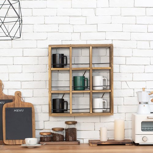 MyGift Wall Mounted Coffee Mug Display Rack – Rustic Burnt Wood Shadow Box Shelf for Collectible Travel Mugs, Cup Holder Storage for Kitchen, Office, or Coffee Bar Décor