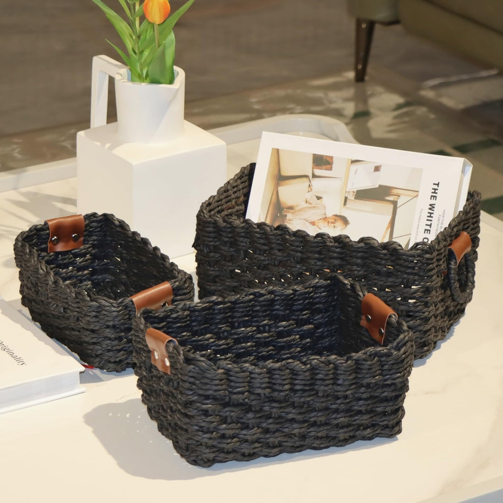 QingtuHome Paper rope Small Storage baskets for Organizing,Cute woven Little basket for Home，Shelves, Bathroom,Decorative basket,Set of 3 (Black)