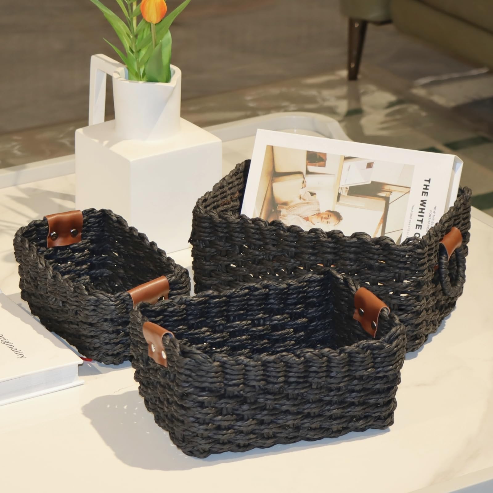 QingtuHome Paper rope Small Storage baskets for Organizing,Cute woven Little basket for Home，Shelves, Bathroom,Decorative basket,Set of 3 (Black)