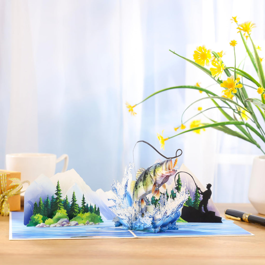 Pop Up Birthday Card Fishing, 3D Bass Fishing Popup Card For Husband, Dad, Men, Husband, Son, Brother, Grandpa, Fisherman Gift; All-Occasion Father's Day, Birthday, Outdoor, Thank You, Retirement