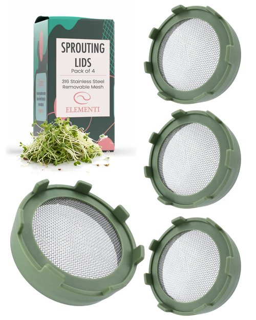 Elementi Sprouting Lids for Wide Mouth Mason Jars (Set of 4), Sprouting Jar Kit for Organic Alfalfa & Mung Bean Sprouts Growing Kit, 316 Stainless Steel Mesh Screen Strainer Lid (Sage Green)