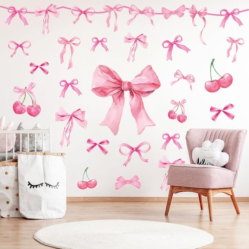 JarThenaAMCS Trendy Pink Bow Wall Stickers Coquette Light Pink Bow Knot Wall Decals Watercolor Room Mural Stickers for Valentine's Day Girls Party Home Bedroom Nursery, 7.9 x 11.8 Inch, 9 Sheets