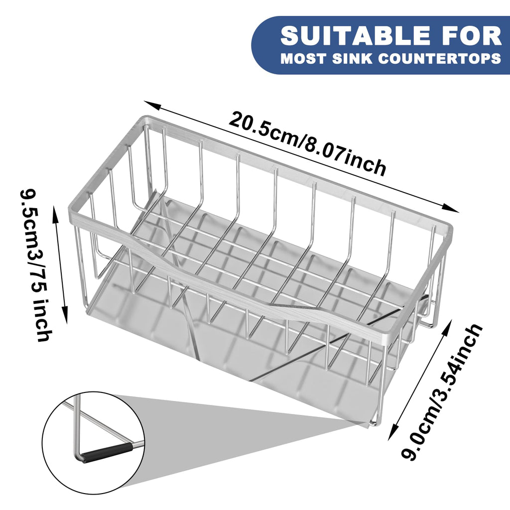 Vanwood Sponge Holder for Kitchen Sink with Auto Draining Tray, Sink Caddy Kitchen Sink Cocina Organizer, Self Drain Dish Soap Sponge Caddy for Counter (304 Sus Stainless Steel)