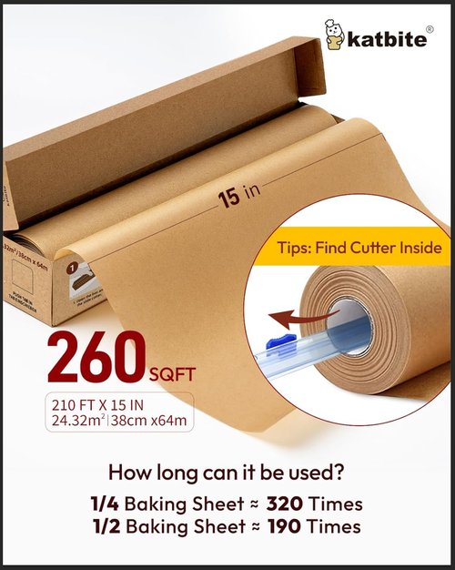 Katbite Unbleached Parchment Paper Roll - Heavy Duty Non-Stick Baking Paper, 15" x 210 ft