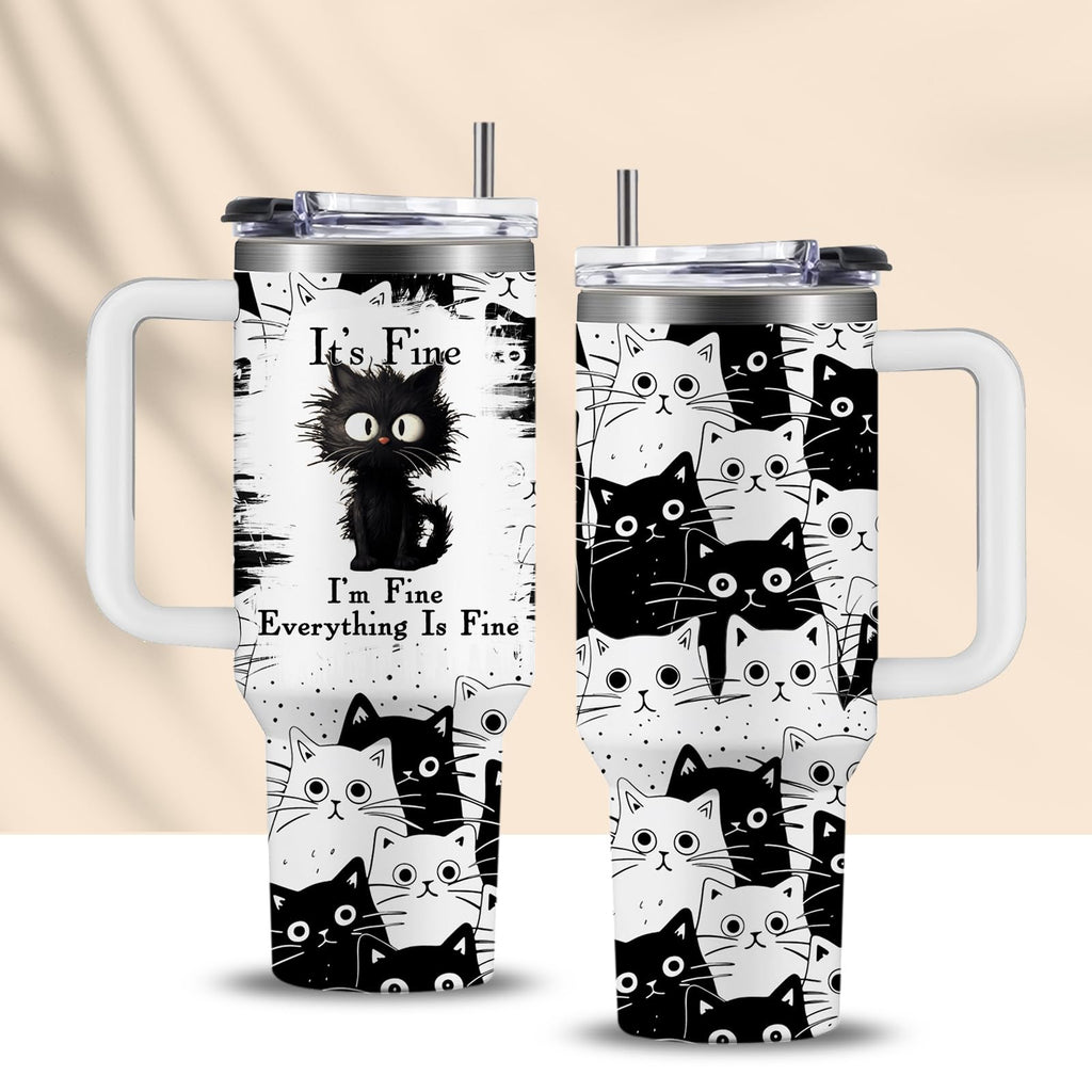 CGMIBAS Cat Lover Gifts, Gift for Cats Lovers Women Men Girls Funny 30oz Black Cats Themed Tumbler Cups with Handle - Everything Is Fine Mug, Christmas Birthday Gift for Black Cat Mom Lady Gifts Cup
