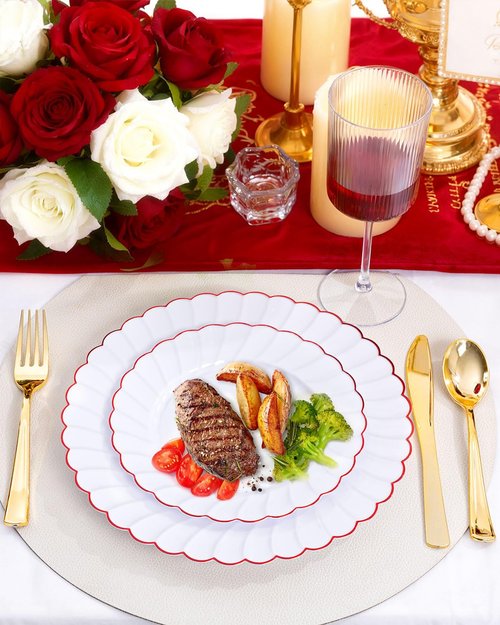 YOUBET 60PCS Red Scalloped Plastic Plates - Heavy Duty White and Red Rim Disposable Plates include 30 Hard Dinner Plate, 30 Dessert Plate for Party & Wedding Easter Mothers Day