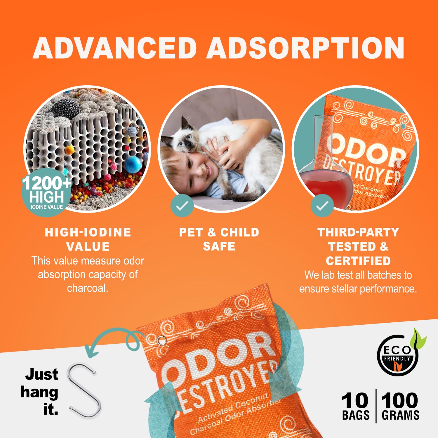 Sunlight® Activated Charcoal Odor Absorber for Home, Odor Eliminator for Strong Odor, Closet deodorizer, Car Air Purifier, Car Smoke Odor Eliminator, better than Bamboo Charcoal Bag 10 Pack, 100g Each