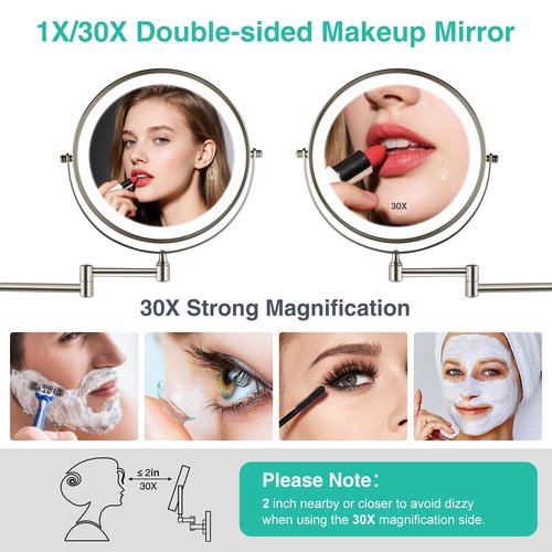 30X/1X Lighted Makeup Mirror with Magnification, 8.5inch 3000mAh Rechargeable Magnifying Mirror with Light, 3 Color Lights,Touch Dimmable,Extended Arm 360 Rotation Wall Mounted Makeup Mirror