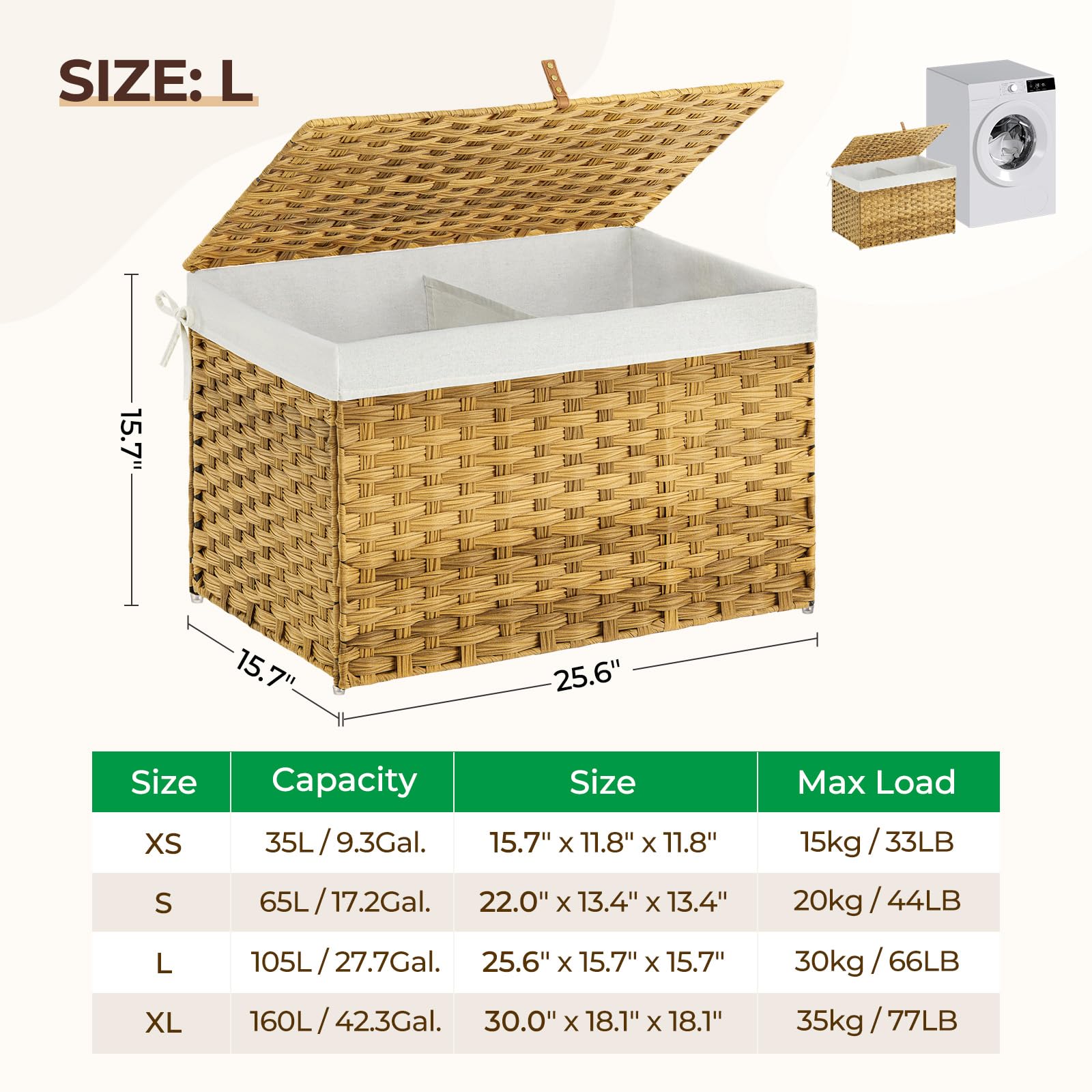 GREENSTELL Storage Basket with Lid, 27.7 Gallon(105L) Lagre Wicker Blanket Storage Basket with Handles, Foldable, 2 Removable Liner Bags, Metal Frame, for Bedroom, Laundry Room, Natural