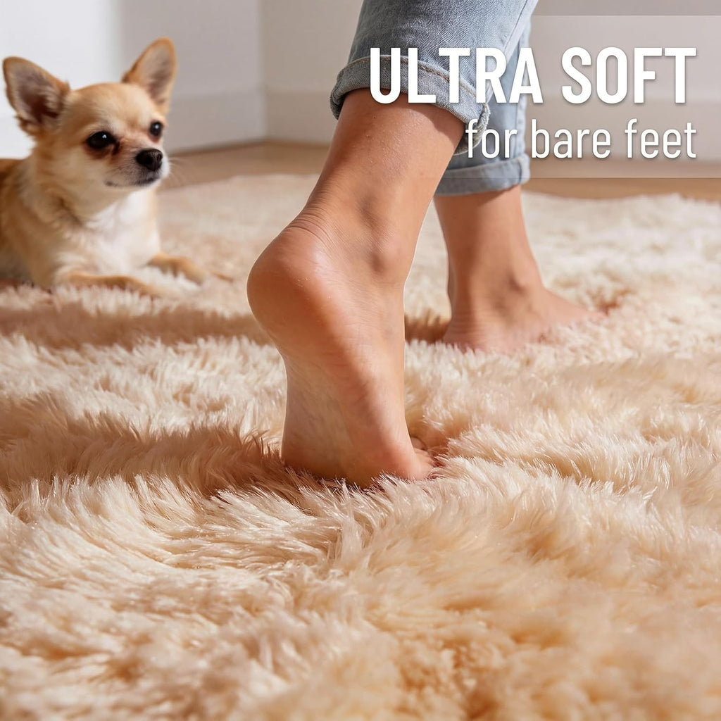 OLANLY Area Rugs - Soft Fluffy Shaggy Indoor Carpet for Living Room & Bedroom | Beige, 4x11 ft