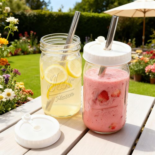 Mapoxy 6-Pack Mason Jars Cups with Plastic Lids & Straws, 32oz Wide Mouth Glass Cups with Leak-proof Plastic Lids, Reusable Drinking Jars for Juices, Smoothies, Iced Coffee & Food Storage