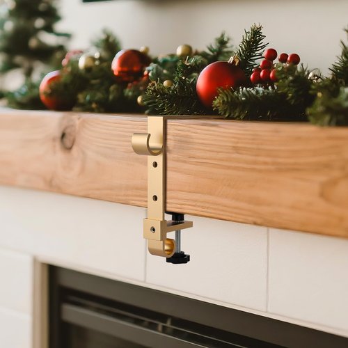 Acrridi Stocking Hangers for Mantel,4 Pcs 2 in 1 Adjustable Fireplace Christmas Stocking Holder,No-Drill, Easy to Install Garland Hanger for Christmas Decorations,Fits 0.1”-3.5”Mantles (Gold, 4)