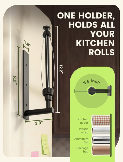 INMAKER Magnetic Paper Towel Holder, Strong Magnet Paper Towel Holder for Fridge, Kitchen, RV, Garage, Grill with Self Adhesive Wall Mount and Screws, One Hand Tear with Adjustable Damping (Black)
