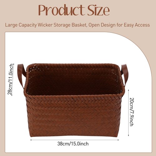 Reallnaive 6 Pcs Wicker Storage Basket with Handle, 15"x 11" x 7.9" Handmade Rattan Woven Laundry Basket for Organizing Shelf Blanket Car Bedroom Room Bathroom Storage, Brown