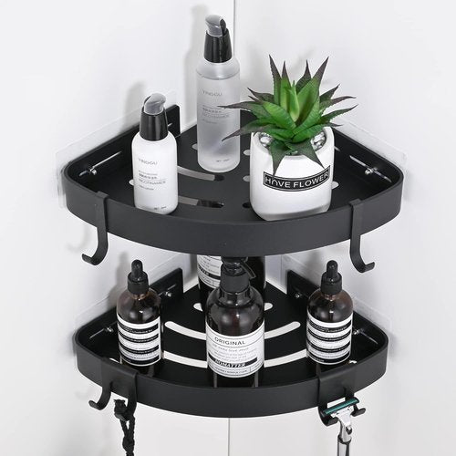 DUFU Adhesive Corner Shower Caddy - Rust Proof Aluminum Bathroom Organizer | No Drilling, 2 Pack (Black)