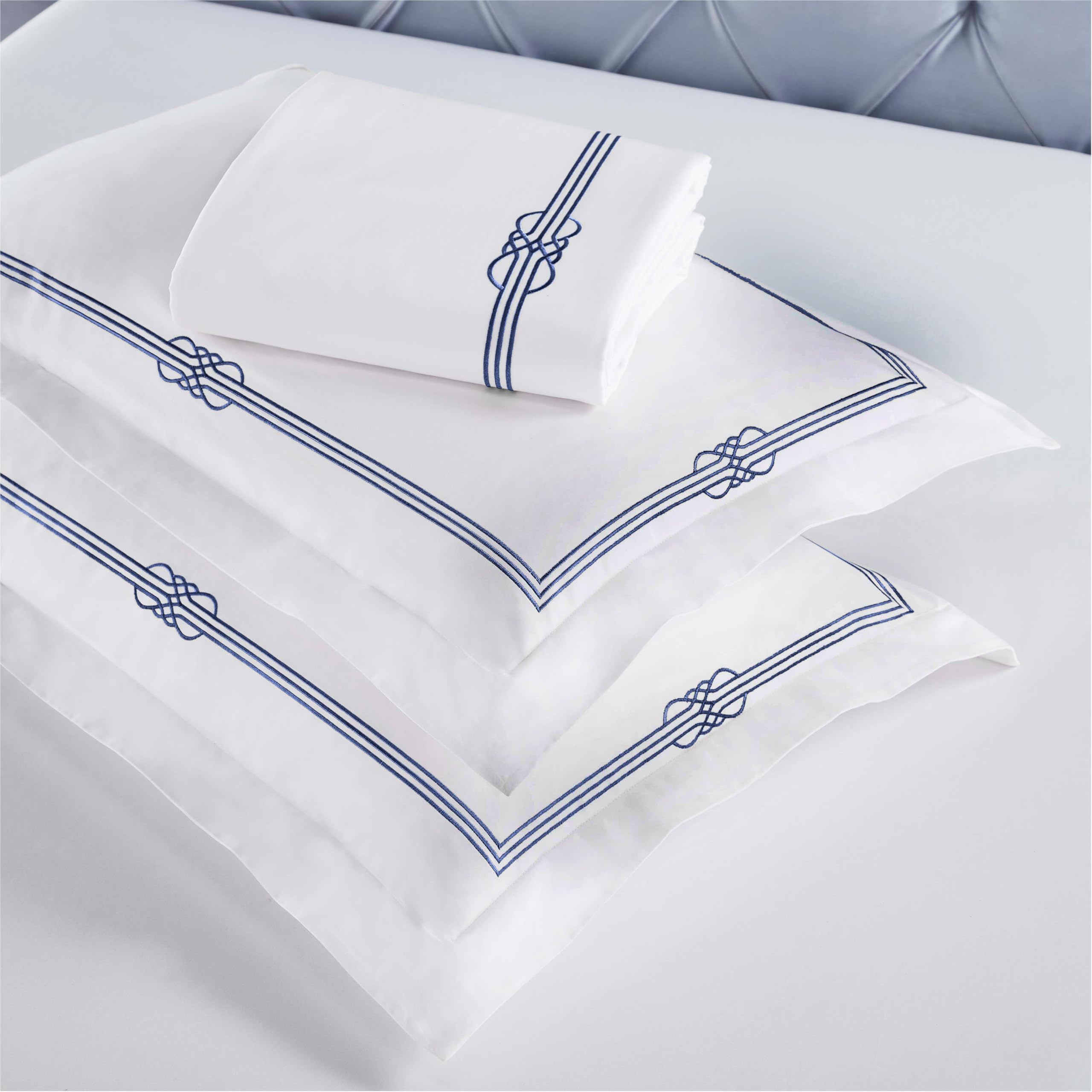 Superior Embroidered Cotton Duvet Cover Set, Soft Bedding Covers, Bedroom, 1 Duvet Cover with Button Closure, 2 Pillow Shams, Elegant Design, Moonlawn Collection, Full Size/Queen Size, White/Navy Blue