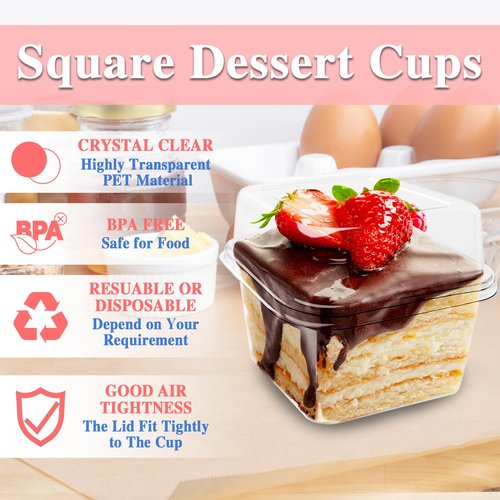 Alaeseje 60 Pack 8 oz Plastic Dessert Cups with Lids and Spoons,Square Parfait Cups Disposable Cake Containers with Lid for Ice Cream,Pudding,Yogurt Fruit,Mousse