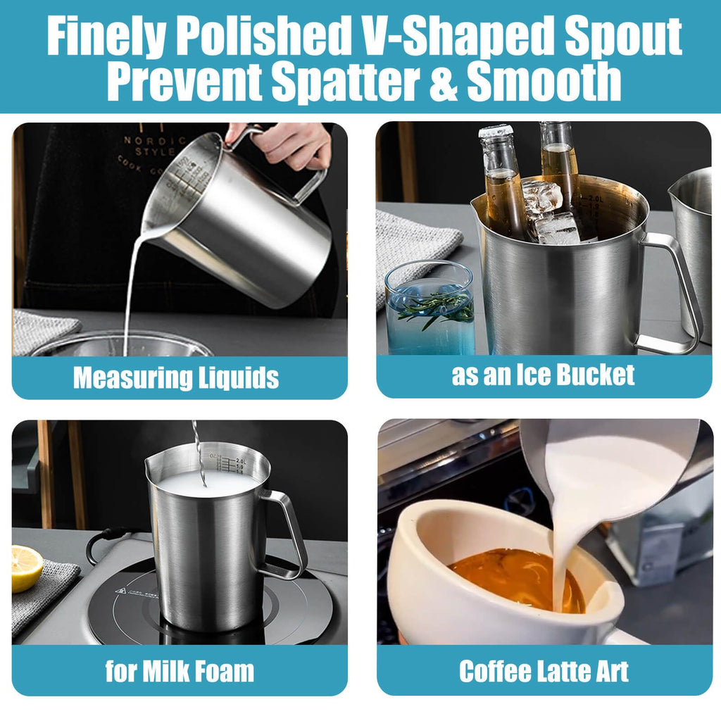 Stainless Steel Pitcher with Lid, 70 oz Metal Measuring Cup with Marking with Handle, 2 L Large Mouth Graduated Beakers, Milk Frothing Jug for Espresso Machines, Latte Art, Iced Tea, Hot/Cold Water