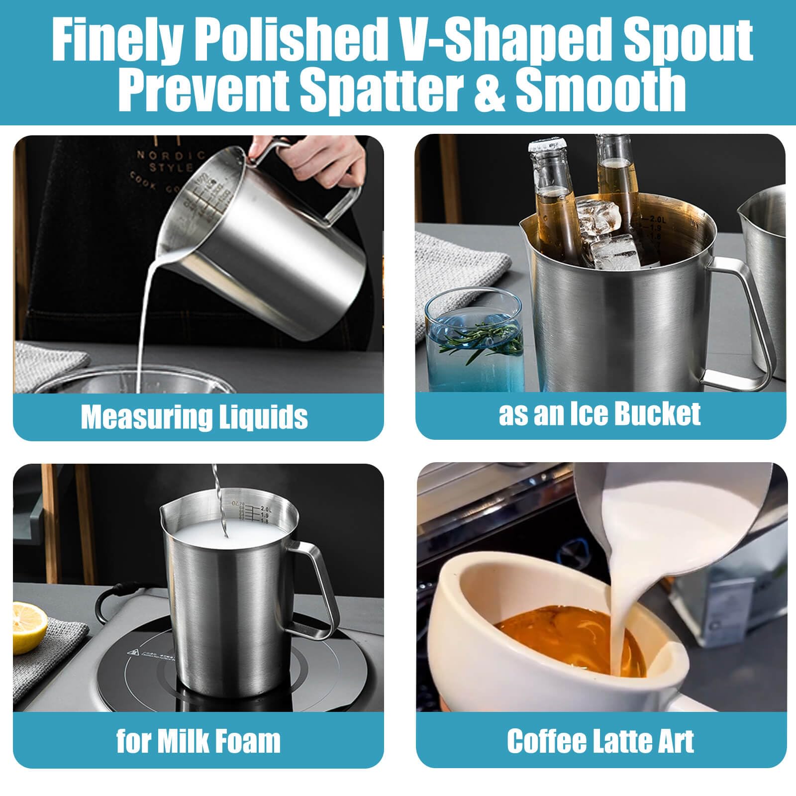 Stainless Steel Pitcher with Lid, 70 oz Metal Measuring Cup with Marking with Handle, 2 L Large Mouth Graduated Beakers, Milk Frothing Jug for Espresso Machines, Latte Art, Iced Tea, Hot/Cold Water
