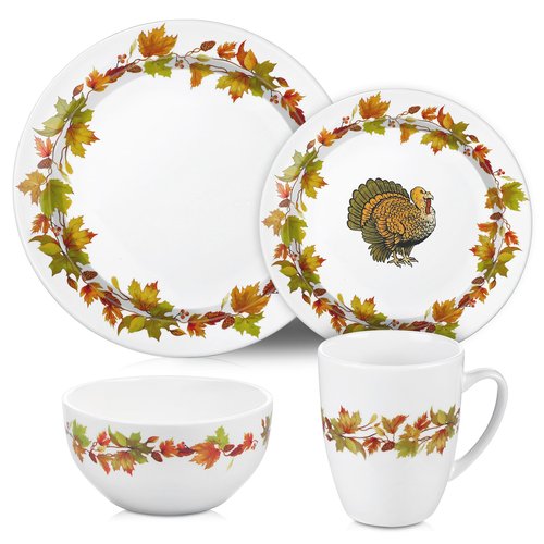 Reallnaive 16 Pcs Thanksgiving Dinnerware Sets for 4 Rustic Autumn Tableware Fall Thanksgiving Salad Plate Harvest Soup Cereal Bowl Mug Dinnerware Sets with Berry Fall Maple Leaves Turkey Service