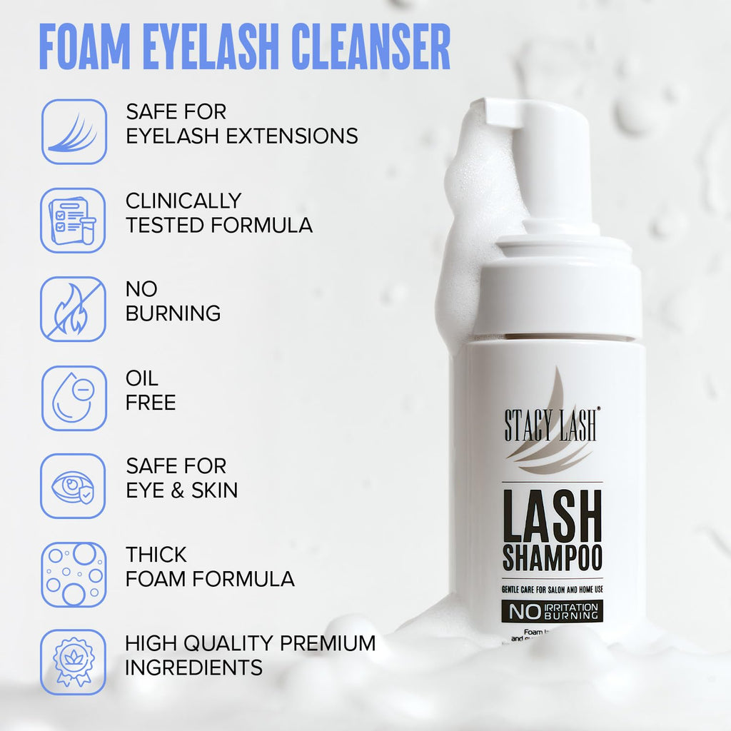 STACY LASH Eyelash Extension Shampoo - Foaming Cleanser & Brush | 1.69 fl. oz (50ml) for Safe Makeup Removal