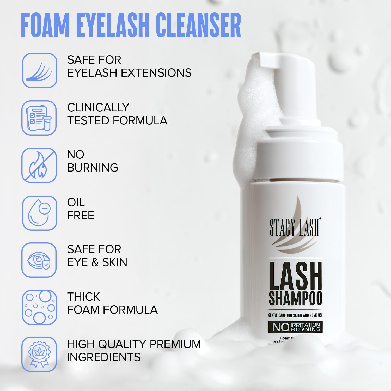 STACY LASH Eyelash Extension Shampoo - Foaming Cleanser & Brush | 1.69 fl. oz (50ml) for Safe Makeup Removal