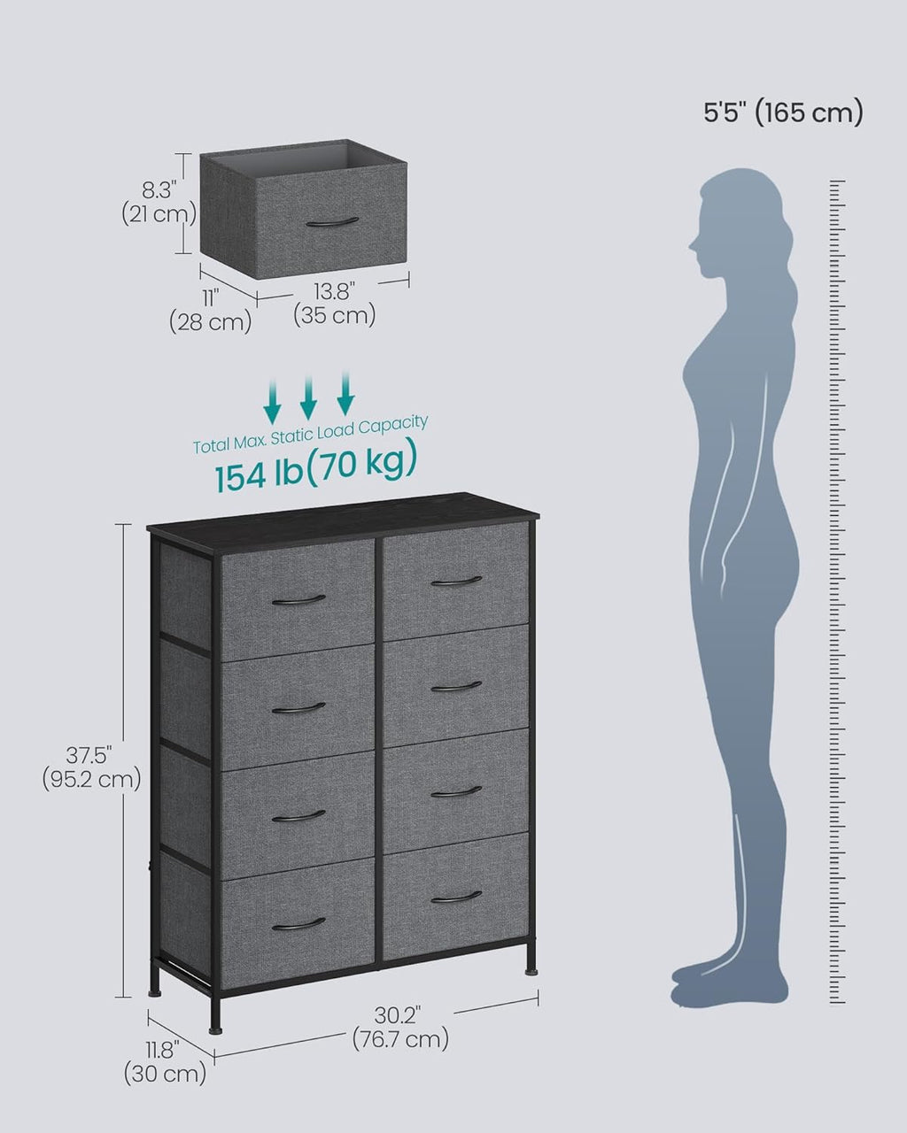 SONGMICS Dresser - Modern 8-Drawer Storage Organizer Unit for Bedroom & Entryway | Slate Gray