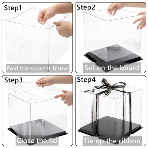 Cididu 6 Pack Large Clear Cake Box with Ribbon, Tall Cake Box Carrier 12x12x10 Inch, Tiered Transparent Cake Packaging Boxes with Lid and Board, PET Clear Gift Containers for Birthday Wedding Party
