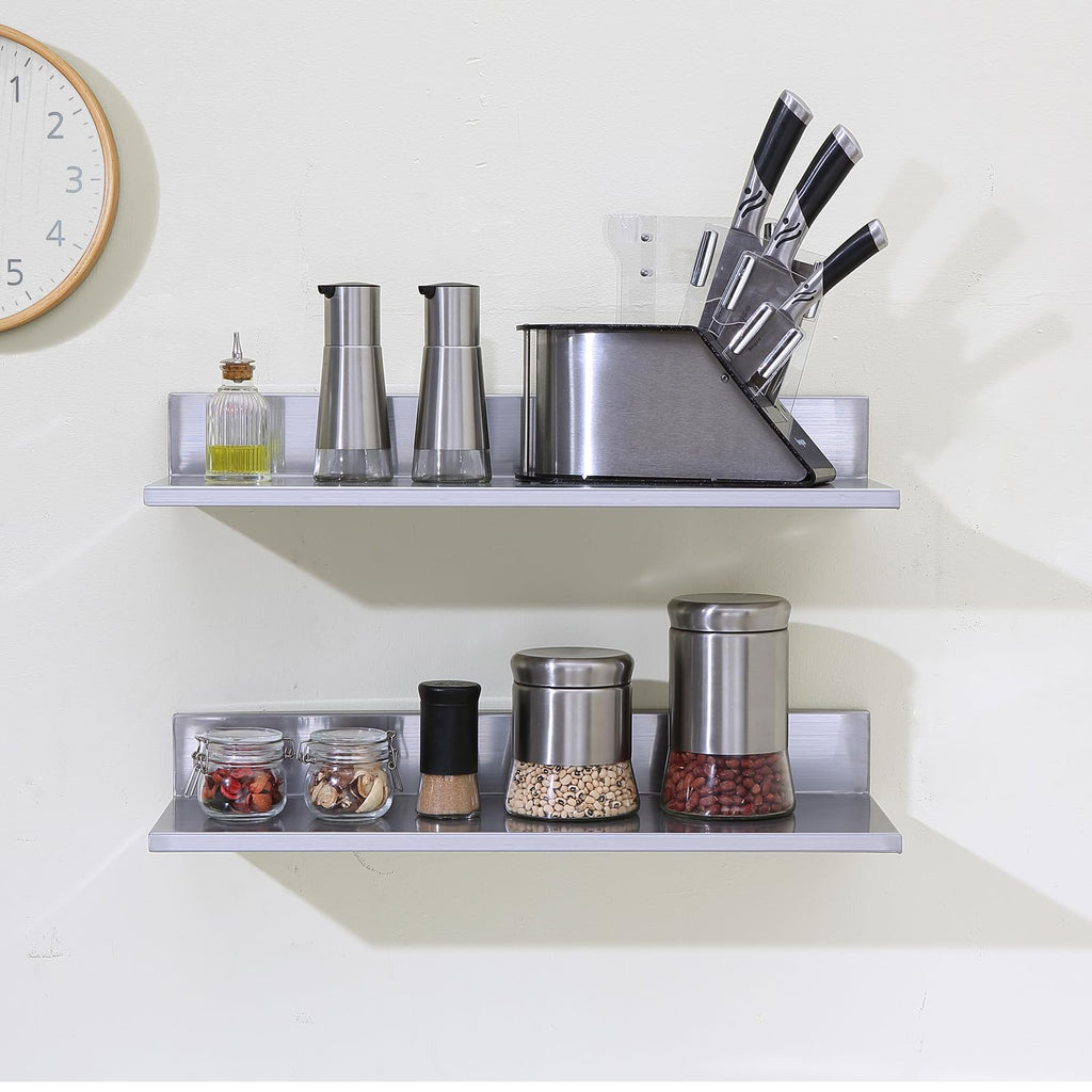 VEVOR 8.6" x 24" -2Pack Stainless Steel Shelf, Wall Mounted Floating Shelving with Backsplash, 44 lbs Load Capacity Commercial Shelves, Heavy Duty Storage Rack for Restaurant, Kitchen, Bar, Home