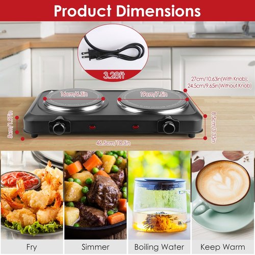 TeqHome Countertop Infrared Double Burner, 2000W Electric Hot Plate with 7.5" Ceramic Glass Cooktop, Stepless Temperature Adjustable & Heat-up In Seconds for Home Dorm, Compatible with All Cookware