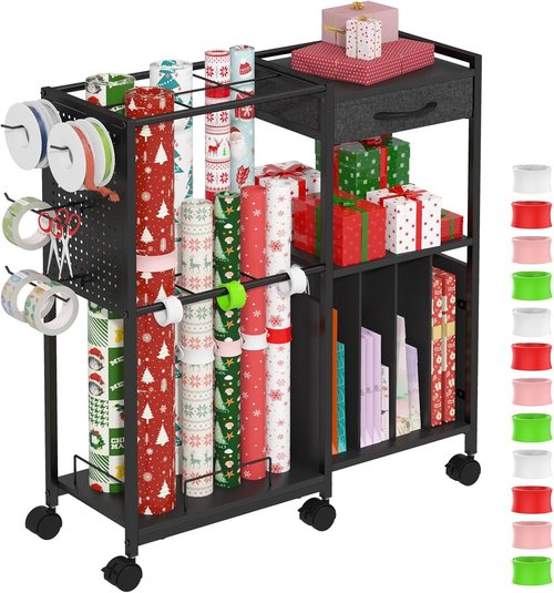 Kikihouse Gift Wrap Organizer Cart - Rolling Storage Station with 12PCS Slap Bands & Hooks | Black