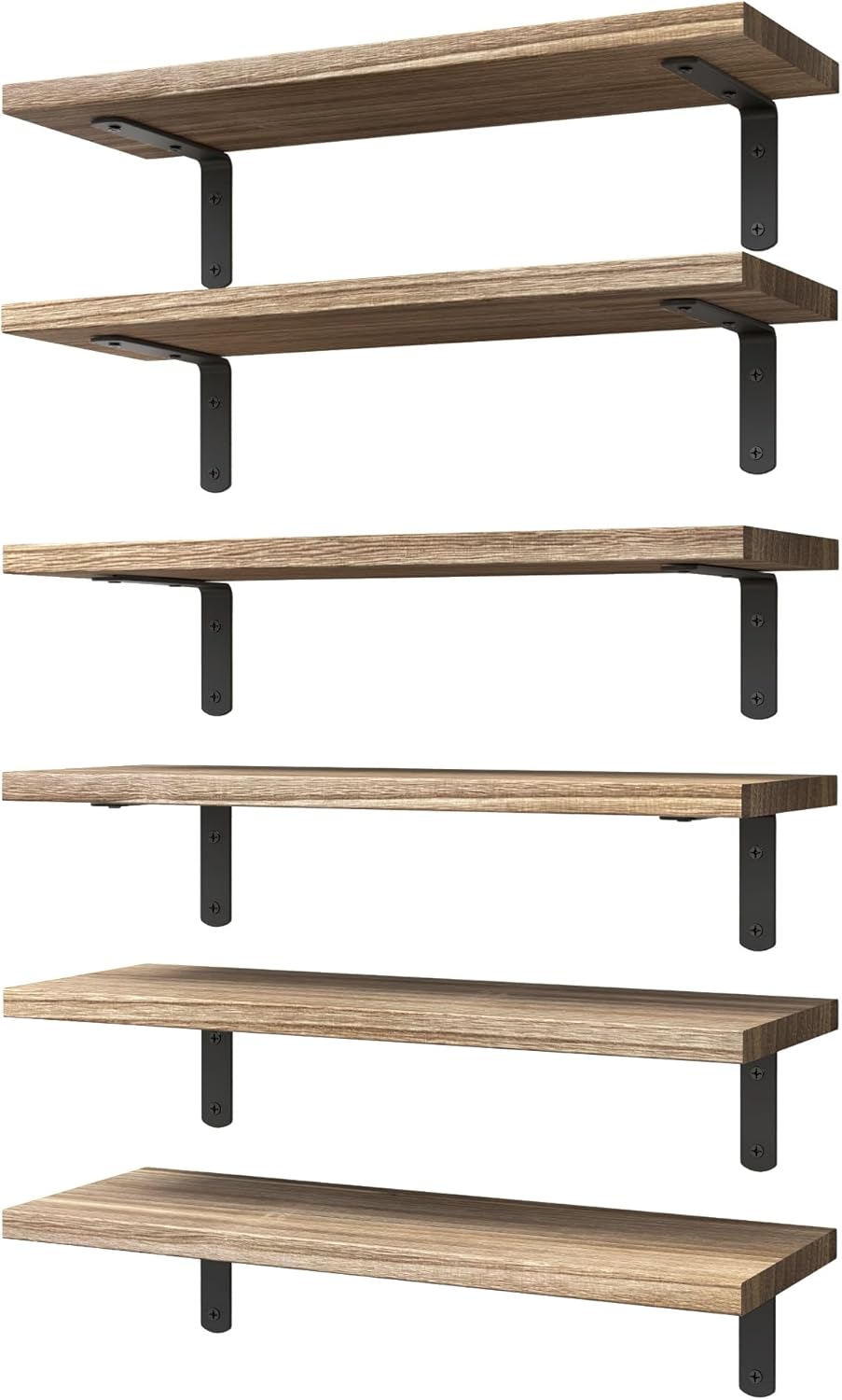 WOPITUES Wood Floating Shelves - Set of 6 Rustic Brown Wall Decor for Bedroom, Bathroom & Living Room