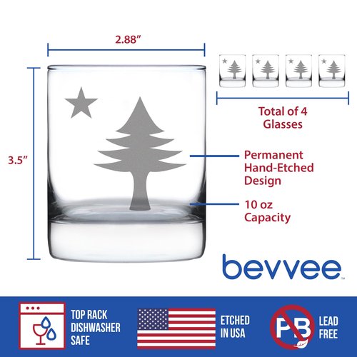 Bevvee Old Maine Flag - Whiskey Rocks Glasses - Set of 4 - Original 1901 State of Maine Flag Gifts for Women & Men Mainers - 10.25 Ounce