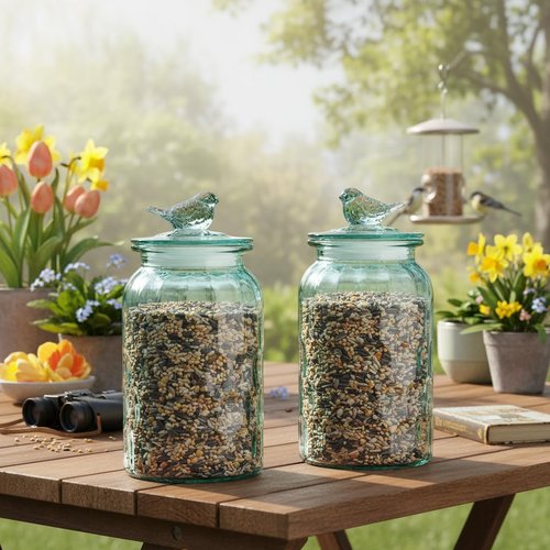 10 Strawberry Street Textured Glass Bird Canister, Dimpled Round, Blue, Set of 2