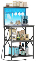 Furologee Bakers Rack with Power Outlet and LED Light, Small Coffee Bar Station with 4 Tier Shelves, Microwave Stand Table with 6 S Hooks, Kitchen Storage Rack for Spices, Pots, Black Oak